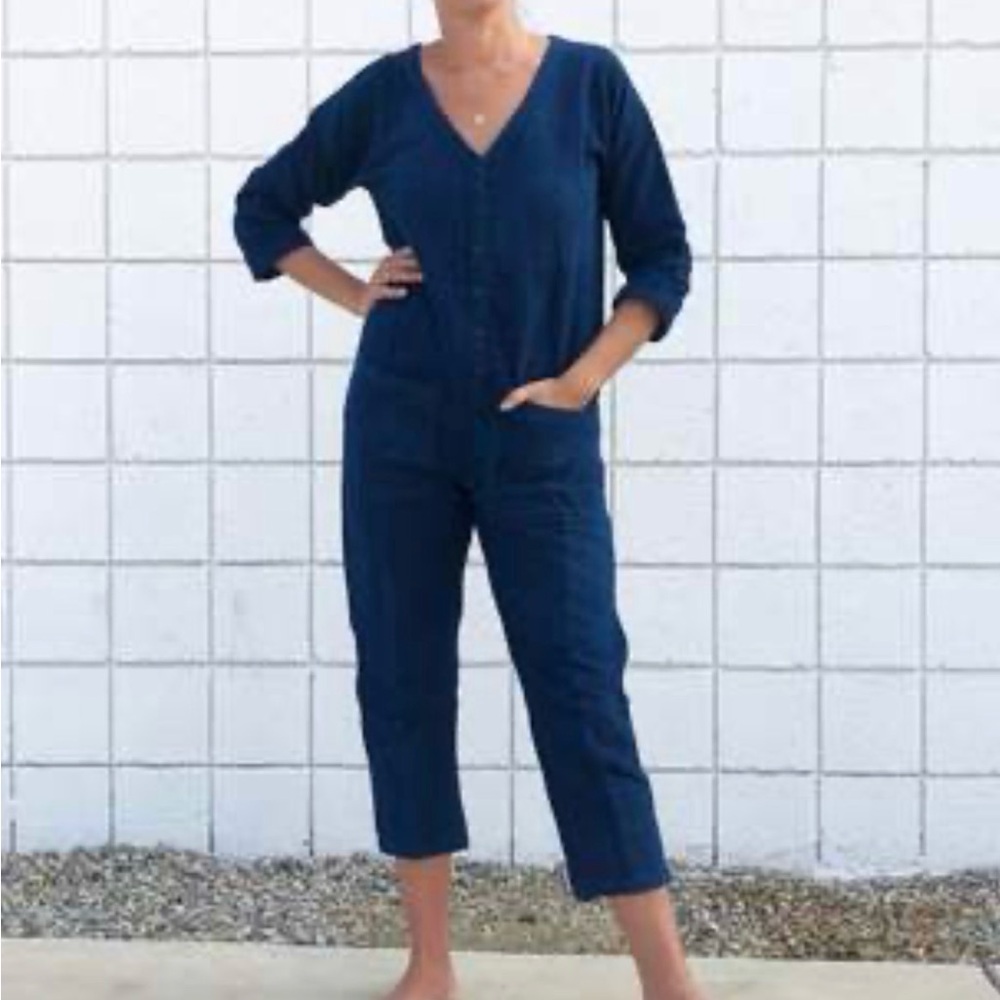 Classic Navy V-Neck Cotton Jumpsuit